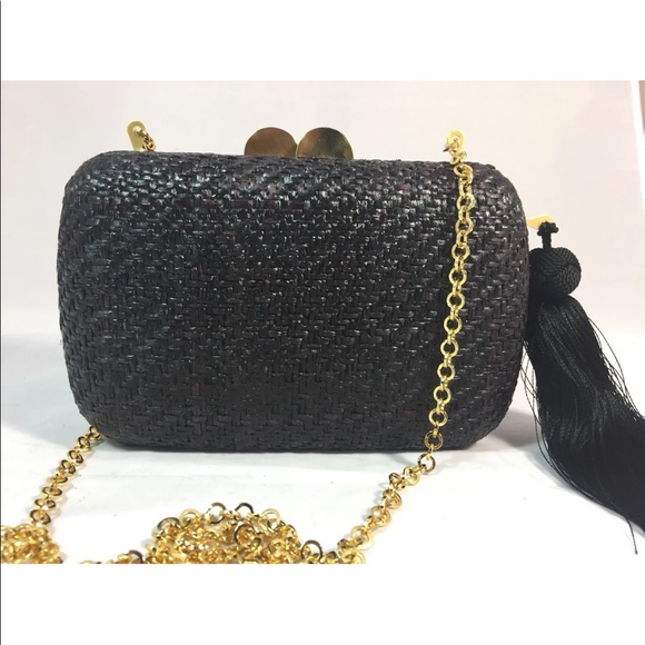 New Handmade Minaudière Clutch Black Woven Natural Fibre Tassel Gold Chain - Picture 5 of 12